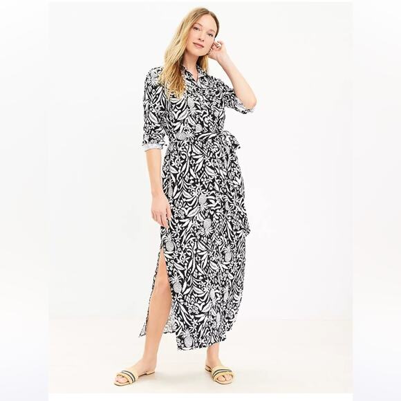 LOFT Linen Blend Pineapple Print Maxi Pocket Shirt Dress w\ Belt Black & White 4 - Picture 1 of 7